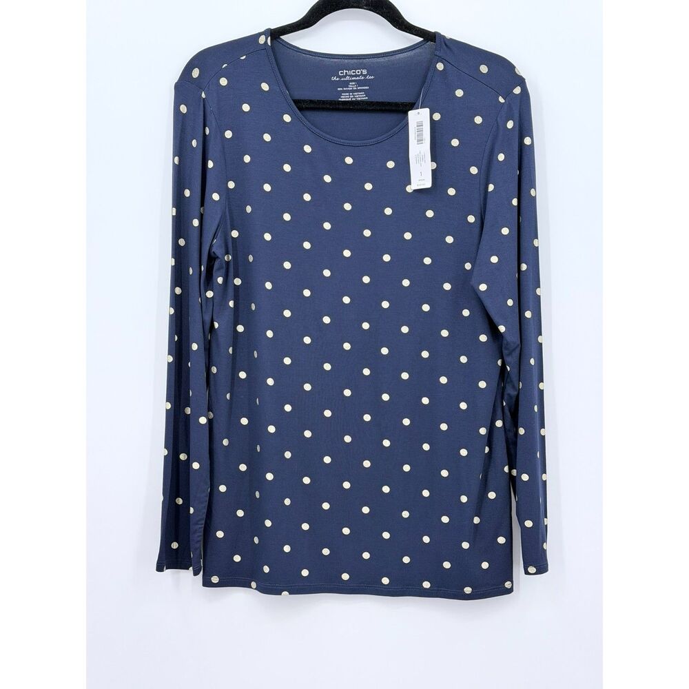 NWT Chicos Women The Ultimate Tee Long Sleeve Size 1 Med Navy Gold Polka Dot